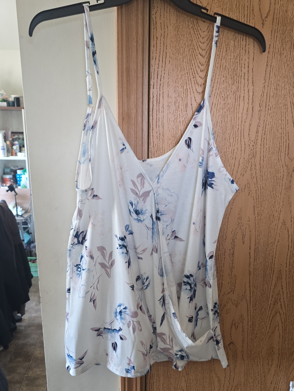 Floral V-Neck Spaghetti Adjustable Strap Tank Top - White and Blue